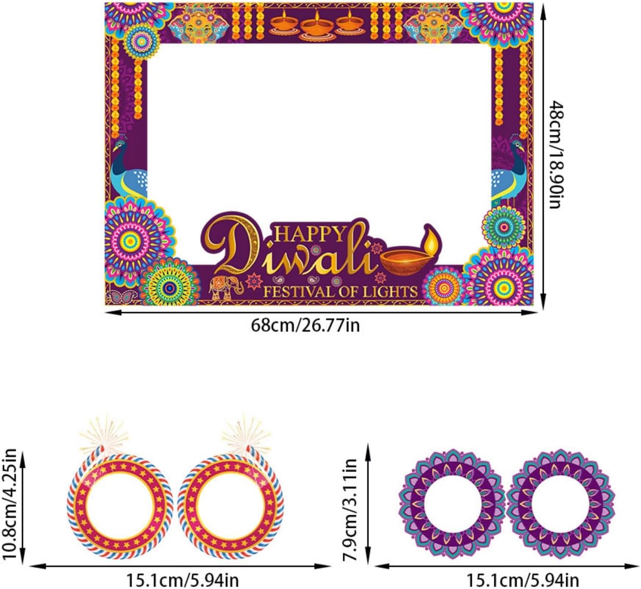 KYMY Happy Diwali Party Photo Booth Props Set, 1pc Deepavali Rangoli Selfie Frame with 20pcs Photo Booth Props, India Festival of Lights Party Favors for Hindu Diwali Themed Decorations Supplies
