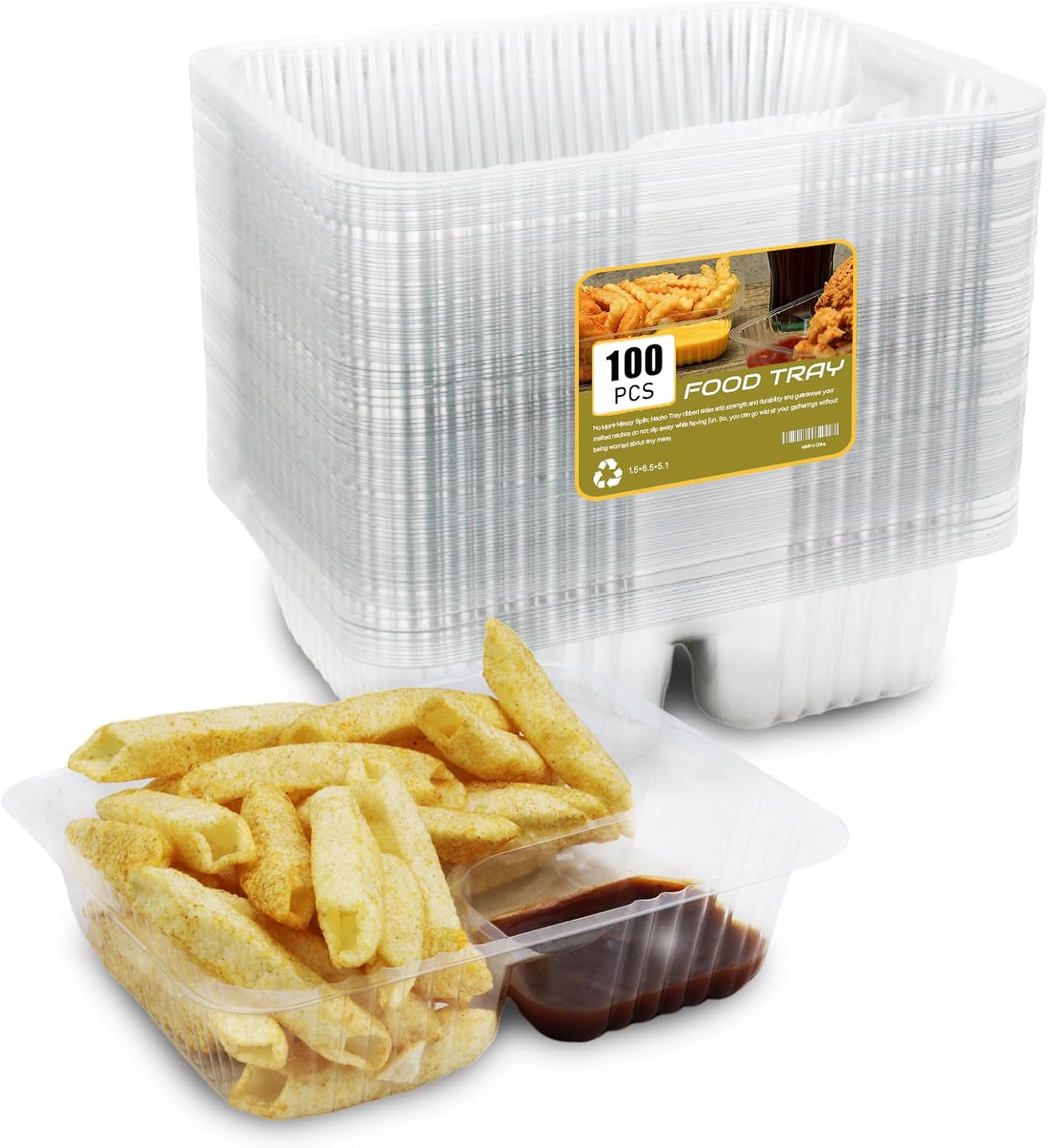 50 PC Nacho Trays Disposable, 12oz Plastic Nacho Containers with Chip and Dip Holder, 6x5 In 2 Compartments Clear Snack Trays for Kids,Parties, Movie Night Supplies (Plastic-50pc)