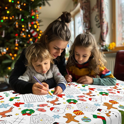 Labeol 1 Pack Christmas Tablecloth, 108"x 54" Christmas Coloring Tablecloth for Kids, Santa Claus Snowman Reindeer Maze Color-in Paper Table Cover for Winter Party Arts and Crafts