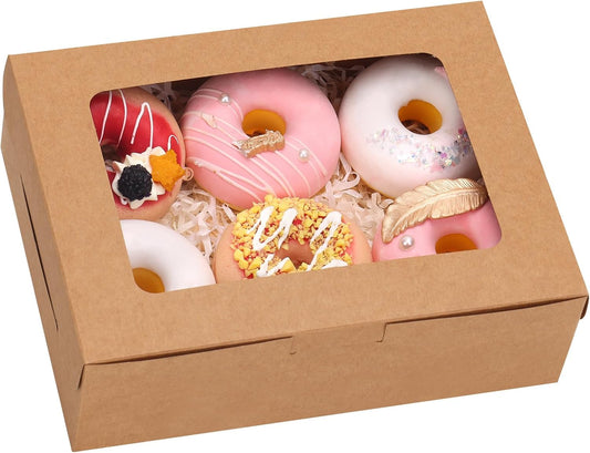 TOMNK 12pcs 8x6x2.5 Inches Brown Bakery Boxes with Window, Cookie Boxes for Chocolate Strawberries, Donuts, Cupcakes, Muffins and Dessert