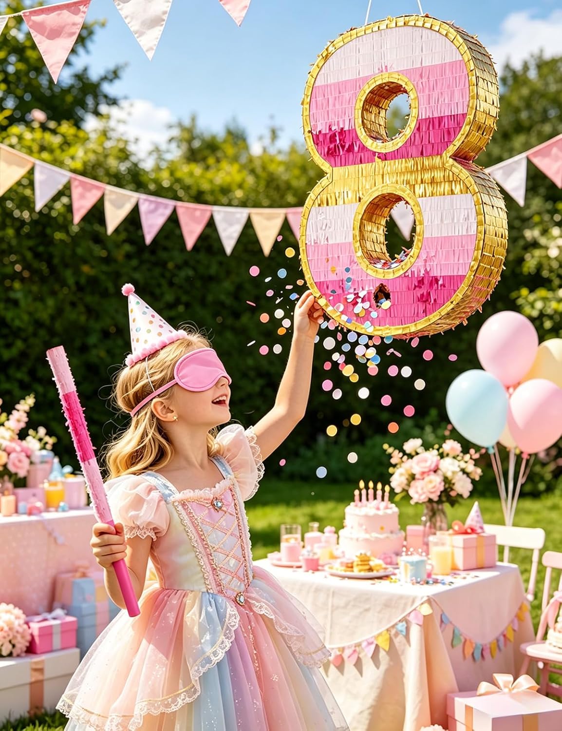 Number 5 Piñata with Stick, Blindfold & Confetti-Pink Piñata for Birthday Parties, Complete Party Game Set for Kids Girls-Gradient Pink Birthday Decor with Fillable Design(Small, 16.5 x 11.5 x 3 In)