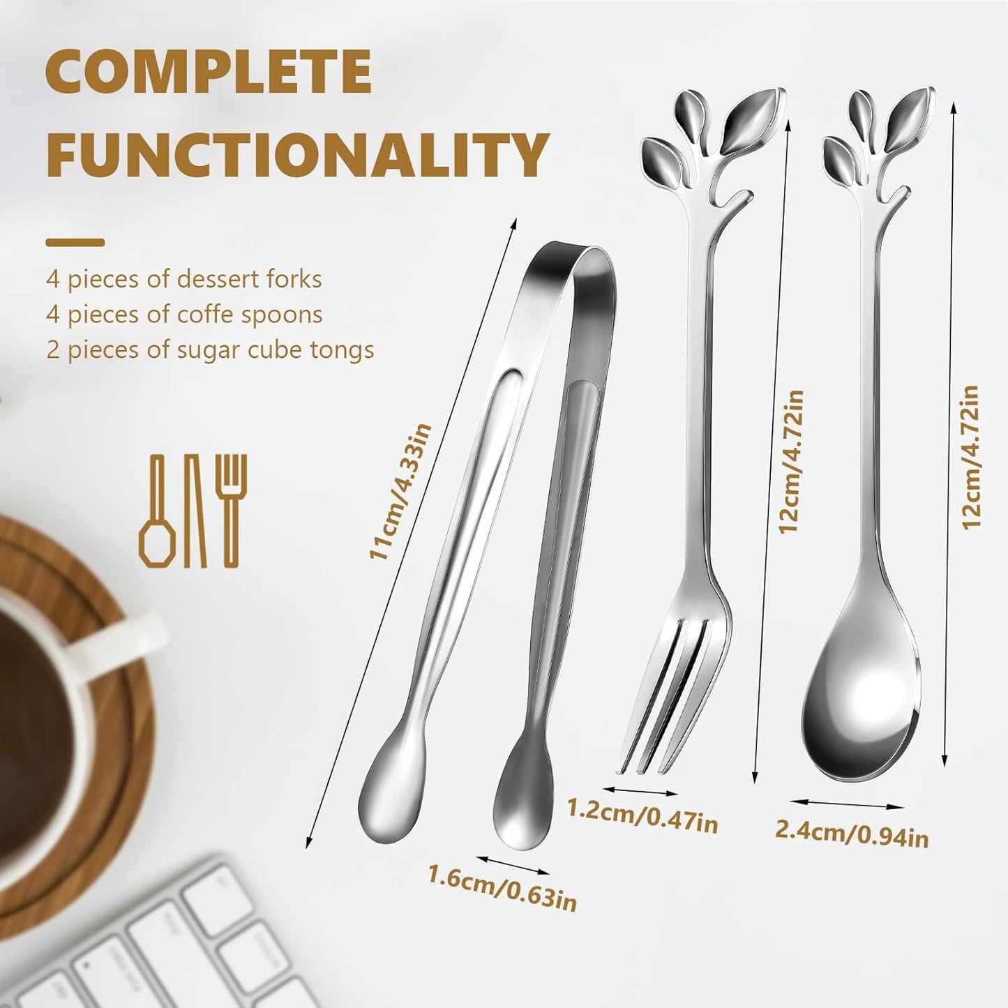 Sieral 10 Pieces Leaf Coffee Spoons, Mini Serving Tongs and Appetizer Forks Stainless Steel Sugar Cube Tongs Dessert Spoons Metal Dinner Forks for Dessert Coffee Tea (Silver)