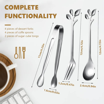 Sieral 10 Pieces Leaf Coffee Spoons, Mini Serving Tongs and Appetizer Forks Stainless Steel Sugar Cube Tongs Dessert Spoons Metal Dinner Forks for Dessert Coffee Tea (Silver)