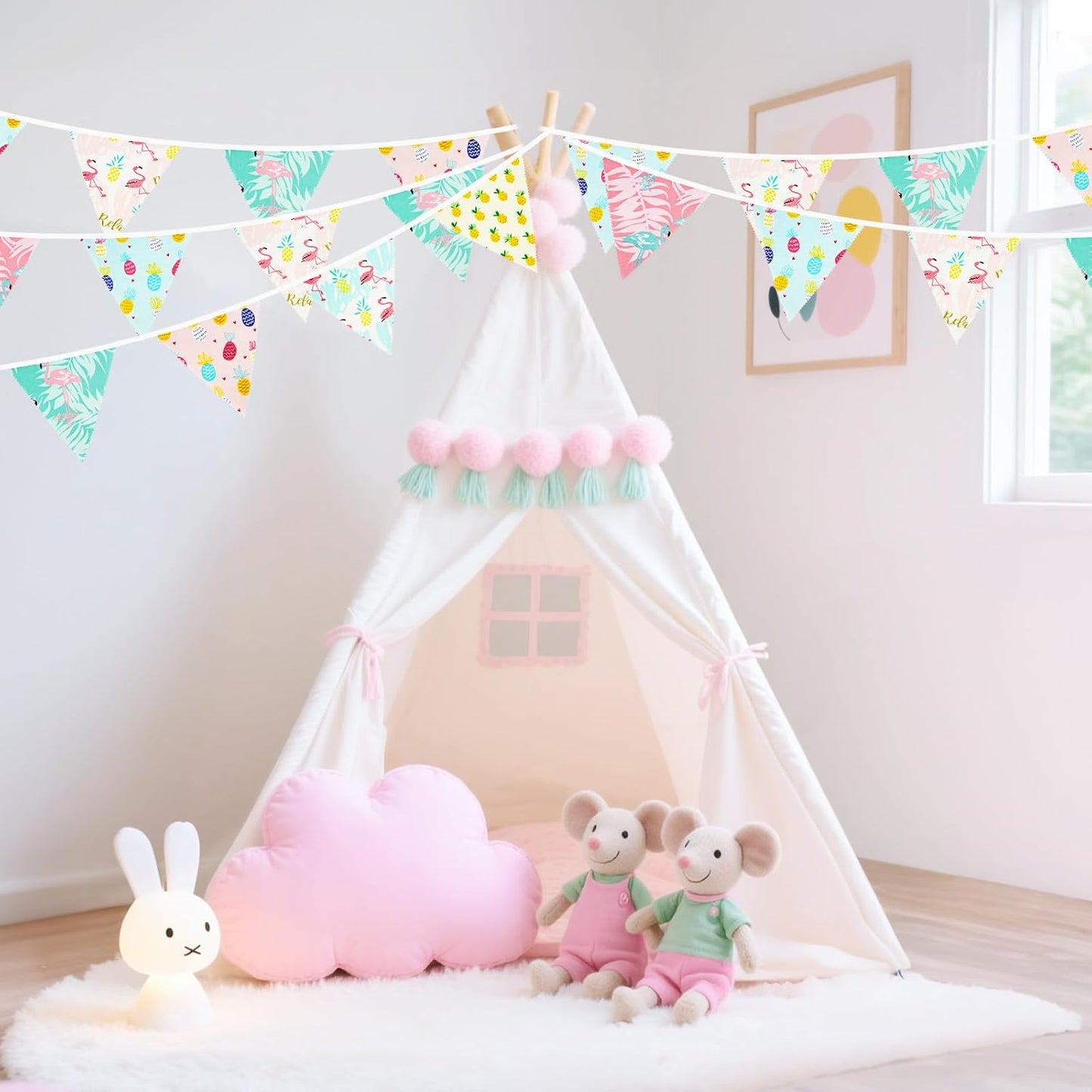 G2PLUS 39Ft Triangle Bunting Banner, 42Pcs Pink Floral Garland Pennant Banner, Reusable Cotton Triangle Flags Party Decoration for Birthday, Wedding, Garden Tea Party, Baby Shower, Room Decor