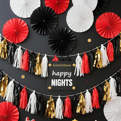 Tassel Garland Tissue Paper Tassel Banner,Tassels Party Decorations for Wedding,Birthday,Bridal/Baby Shower,Pack of 15 (Burgundy/Black/Silver)