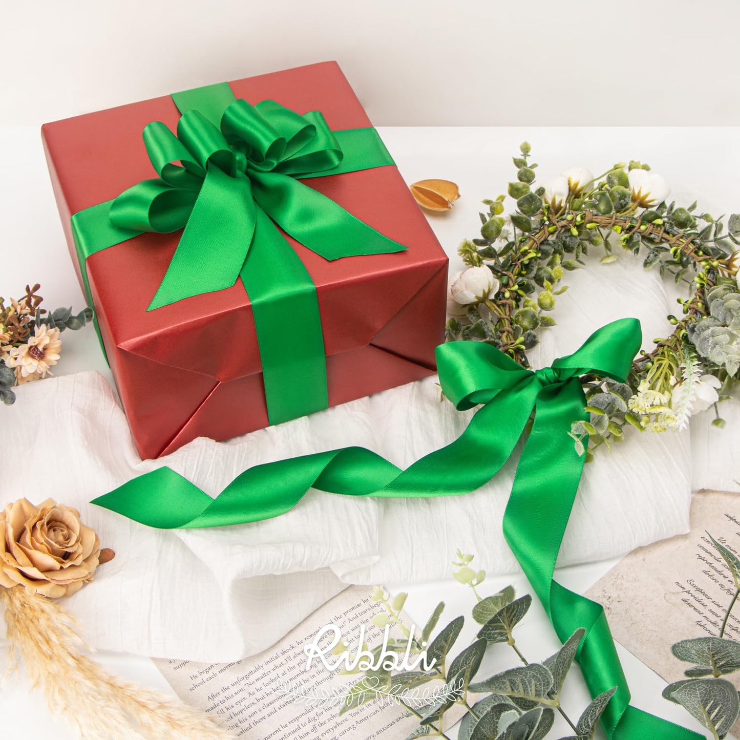 Ribbli Double Faced White Satin Ribbon,3/8” x Continuous 25 Yards,Fabric Ribbon use for Bows Bouquet,Gift Wrapping,Floral Arrangement