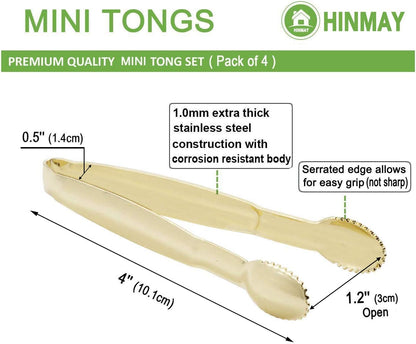 5.75" Mini Appetizer Tongs Set, Tiny Stainless Steel Small Tongs for Serving, Tea Party, Coffee Bar, Desserts, Set of 4 (Gold)
