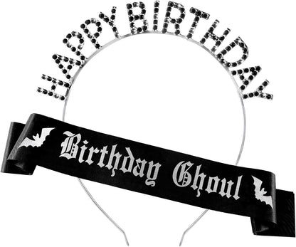 Zeyune 2 Pcs Goth Birthday Decorations Black Gothic Birthday Ghoul Sash with Headband for Girl Women Gothic Spooky Gifts Emo Horror Vampire Party Decorations(Silver,Skull)