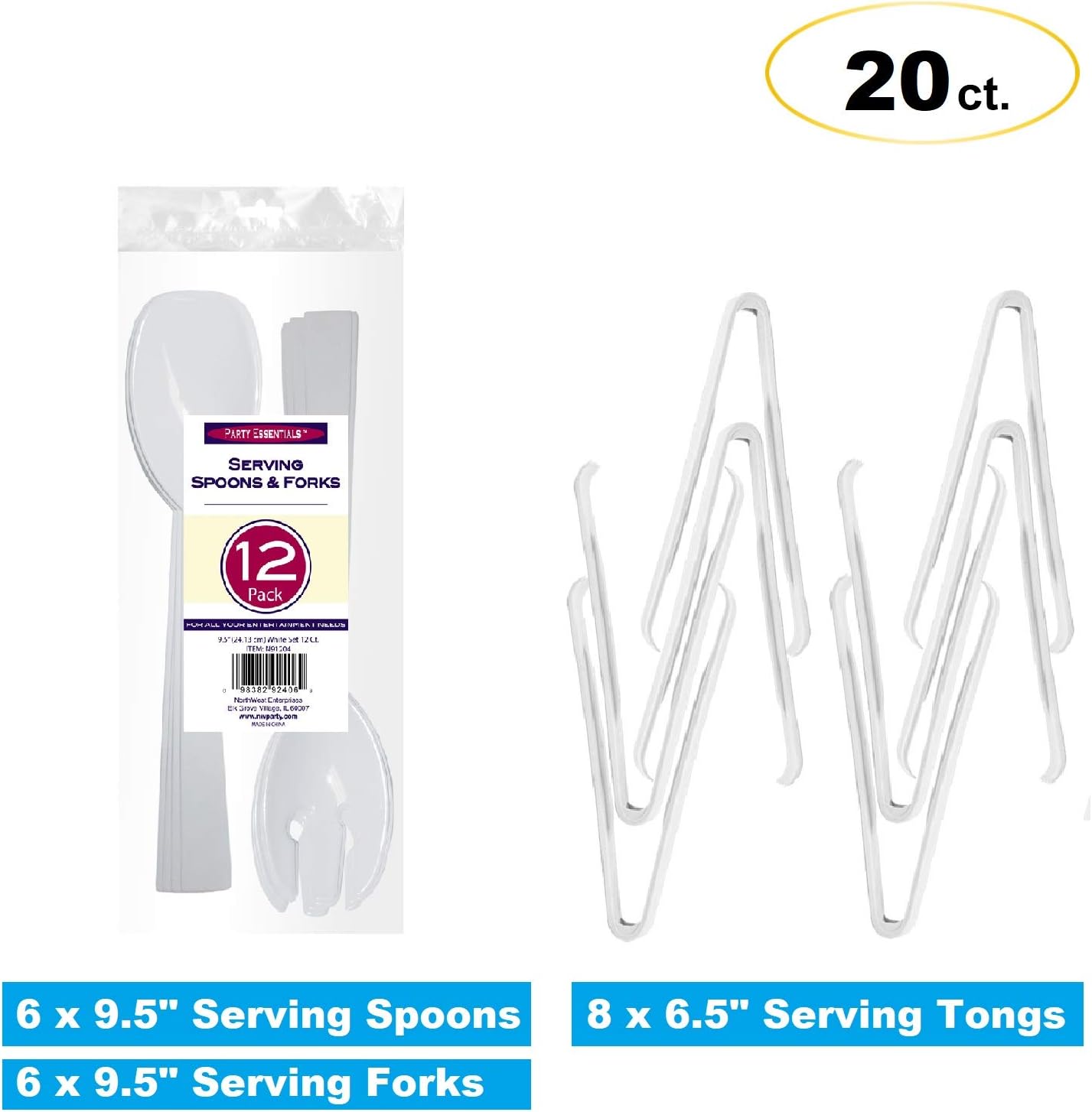 Party Essentials Plastic Party Buffet Serving Utensils Kit, Spoons/Forks/Tongs, 20-Piece, Clear