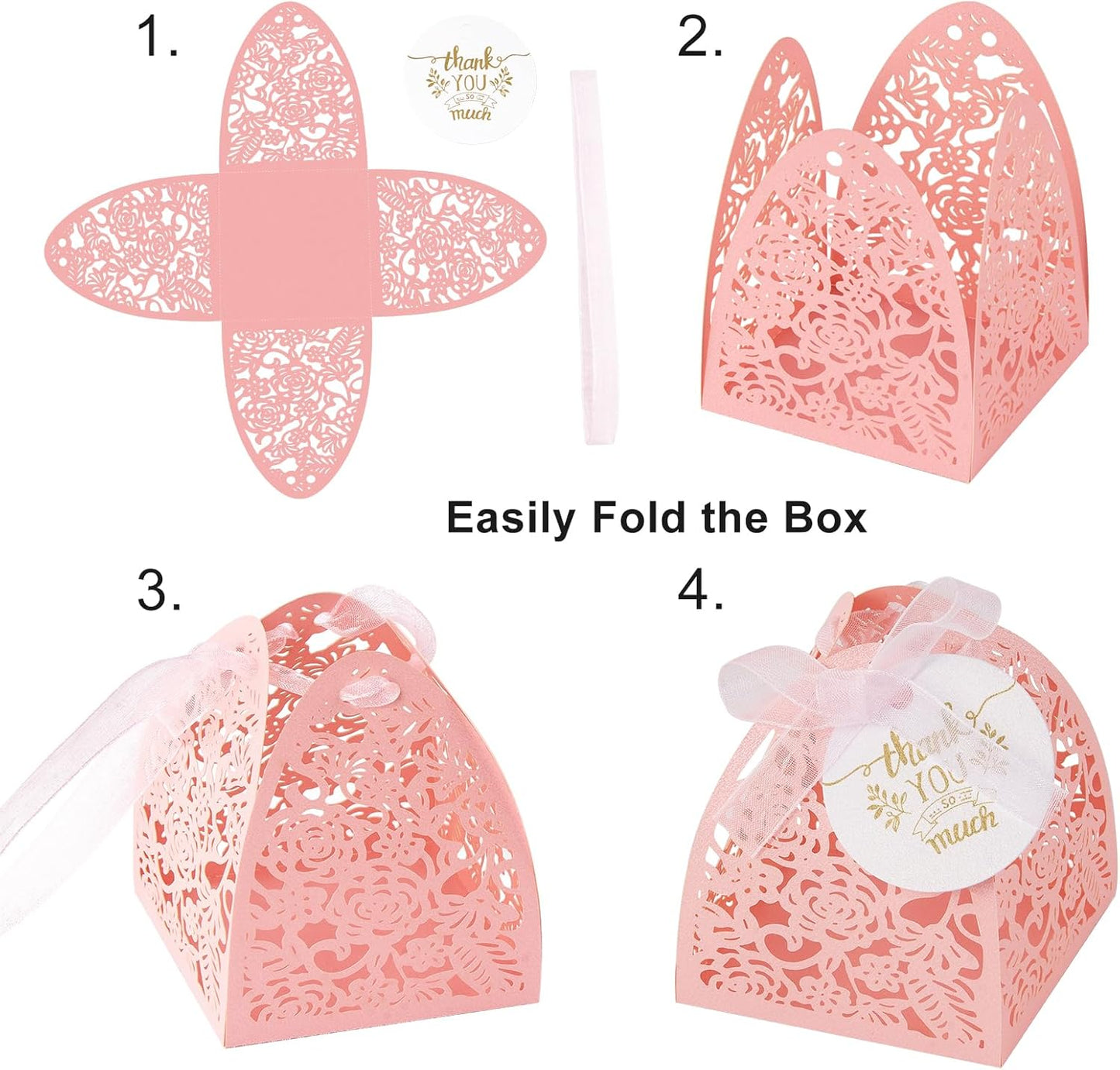 AdasBridal 50Pcs Small Gift Boxes for Party Favors, Laser Cut Candy Boxes Wedding Favor with Thank You Card Ribbons for Bridal Baby Shower Wedding Decorations (White, 2.36")