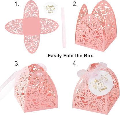AdasBridal 50Pcs Small Gift Boxes for Party Favors, Laser Cut Candy Boxes Wedding Favor with Thank You Card Ribbons for Bridal Baby Shower Wedding Decorations (White, 2.36")