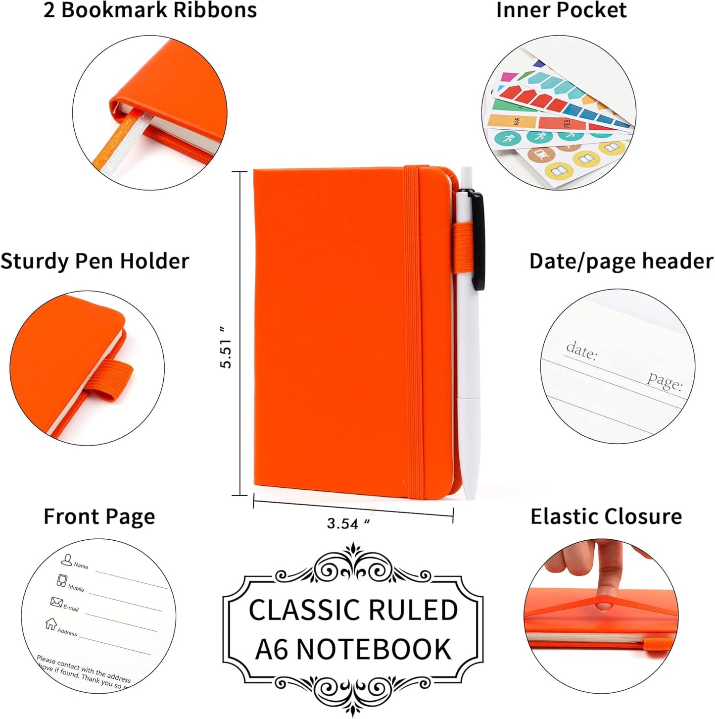 feela 6 Pack Pocket Small Notebooks Bulk, Mini Cute Memo Notepads Hardcover College Ruled Lined Journals with Pen Holder for Women Girls Office School, with 6 Black Pens, 3.5”x 5.5”, A6, Rose Pink