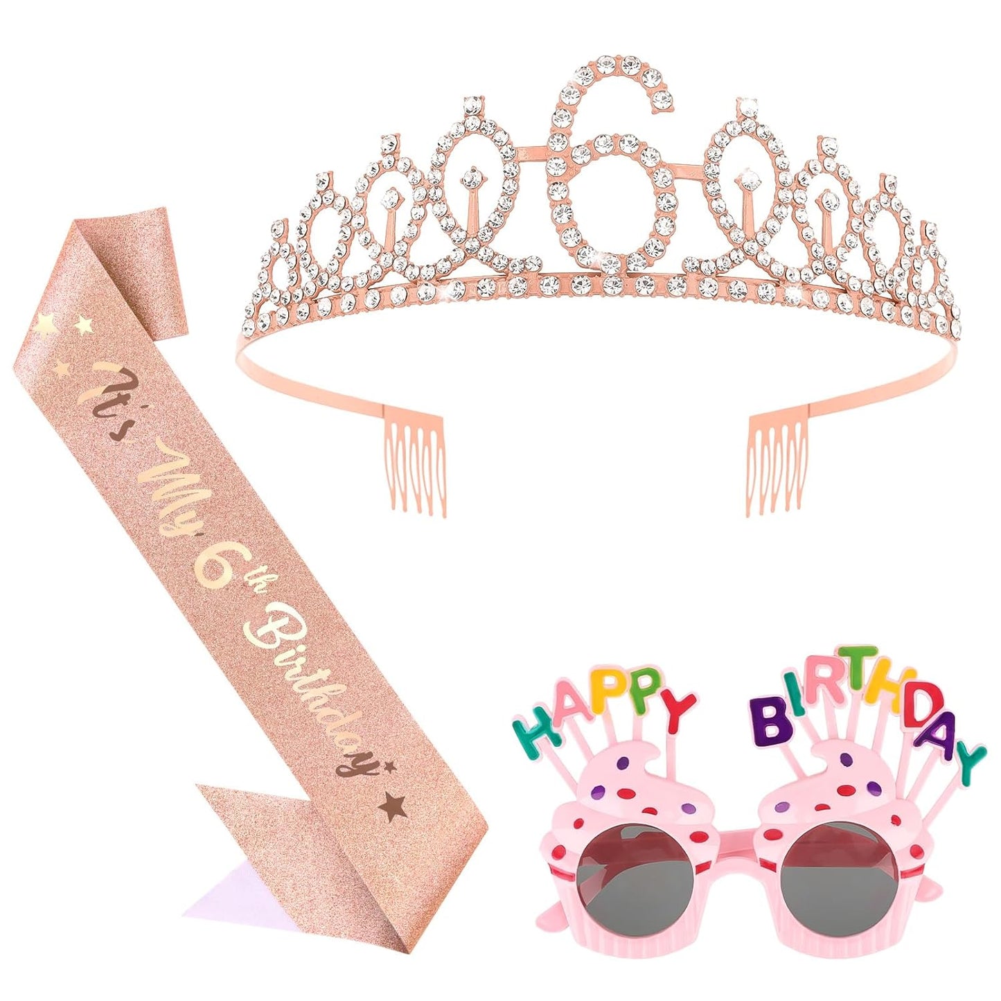 YARIEW 3rd Birthday Decorations, 3rd Glitter Purple Sash and Crown Kit with Happy Birthday Sunglasses, Tiara Princess Crown and Sash Party Outfit Accessory