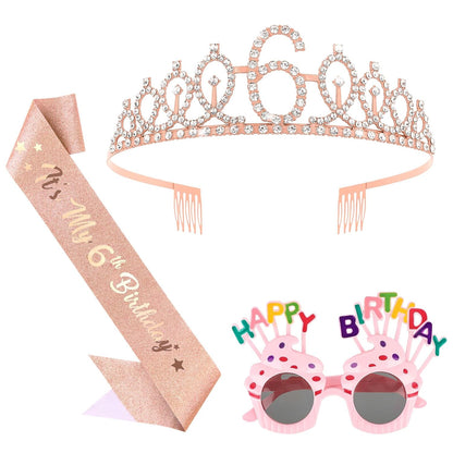 YARIEW 3rd Birthday Decorations, 3rd Glitter Purple Sash and Crown Kit with Happy Birthday Sunglasses, Tiara Princess Crown and Sash Party Outfit Accessory