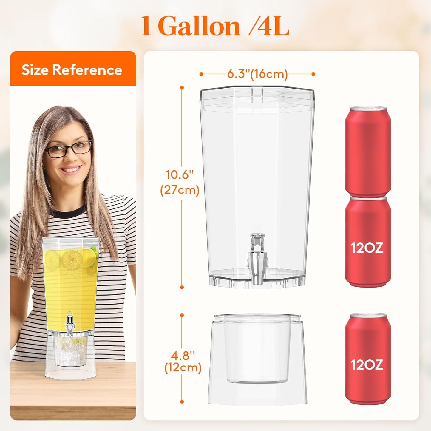 Lifewit 1 Gallon Drink Dispenser for Parties 2 Pcs, Plastic Beverage Container for Juice/Tea/Soda with Stand & Ice Core, Clear Lemonade Dispenser with Spigot, BPA Free Water Pitcher 39 x 16 cm/15x6"