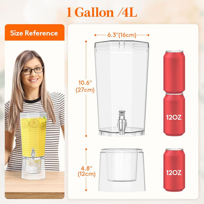 Lifewit 1 Gallon Drink Dispenser for Parties 2 Pcs, Plastic Beverage Container for Juice/Tea/Soda with Stand & Ice Core, Clear Lemonade Dispenser with Spigot, BPA Free Water Pitcher 39 x 16 cm/15x6"