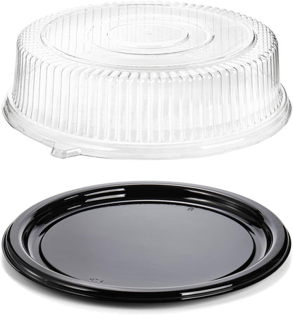 Frcctre 12 Pack 12 Inch Plastic Serving Tray with Lid, Disposable Plastic Food Serving Platters with Clear Dome Lids, Stackable Round Trays for Party, Takeout Food, Catering, Picnic