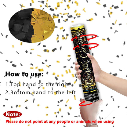 12" Black Gold Confetti Cannon Party Poppers for Birthday Graduation Wedding Retirement New Year Celebrations - Easy to Use, Pack of 2