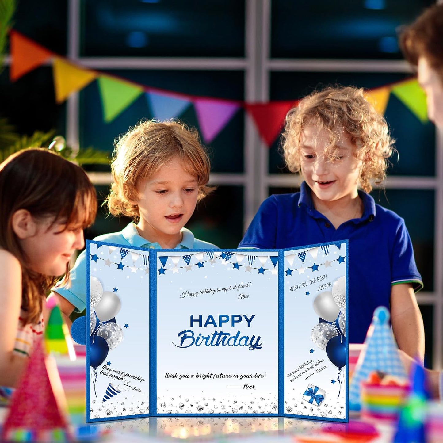 Engrowtic Large Blue and Silver Birthday Guest Book Card Creative Happy Birthday Guest Book Alternative Signature Greeting Card Gifts for Boy Men Baby Shower Decoration Party Supply