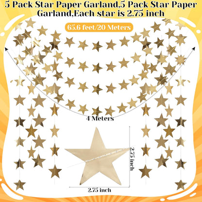 Spakon 65 Feet Glitter Star Paper Garland Banner Hanging Decoration Star Streamers Double Side 2026 Graduation Decorations for Wedding Birthday Festival New Year Party Decoration (Gold)