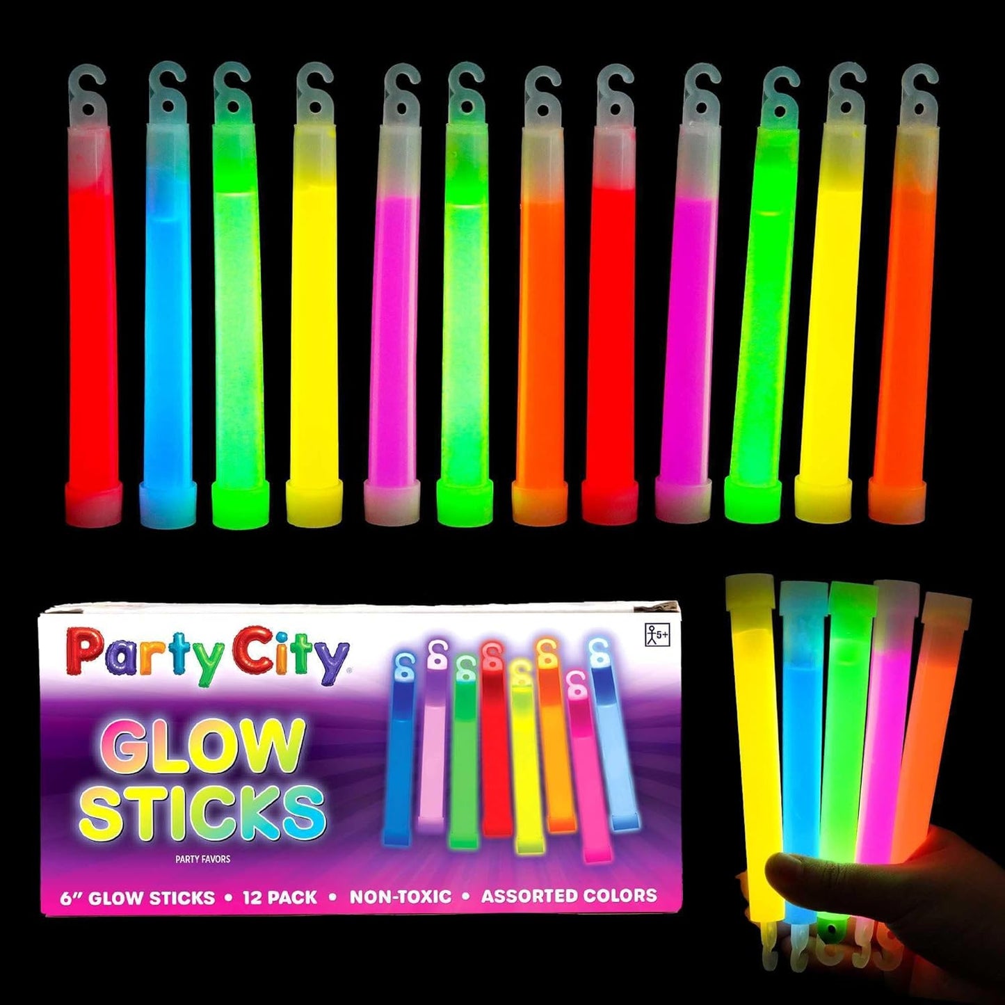 Party City Multicolor Glow Sticks Bulk Pack 6”- 25pk Glow in the Dark Sticks for Kids, Waterproof Camping Survival Ultra Bright Emergency Light Stick with String, Neon Glowsticks Party Supplies Favors