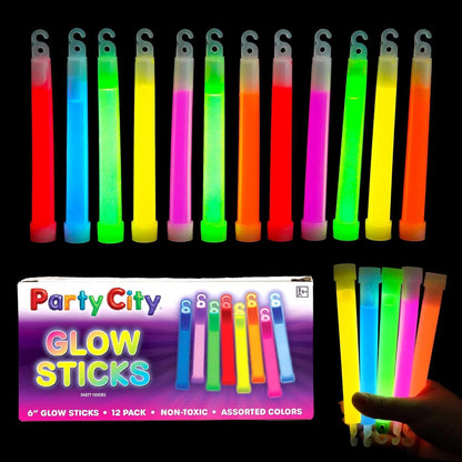 Party City Multicolor Glow Sticks Bulk Pack 6”- 25pk Glow in the Dark Sticks for Kids, Waterproof Camping Survival Ultra Bright Emergency Light Stick with String, Neon Glowsticks Party Supplies Favors