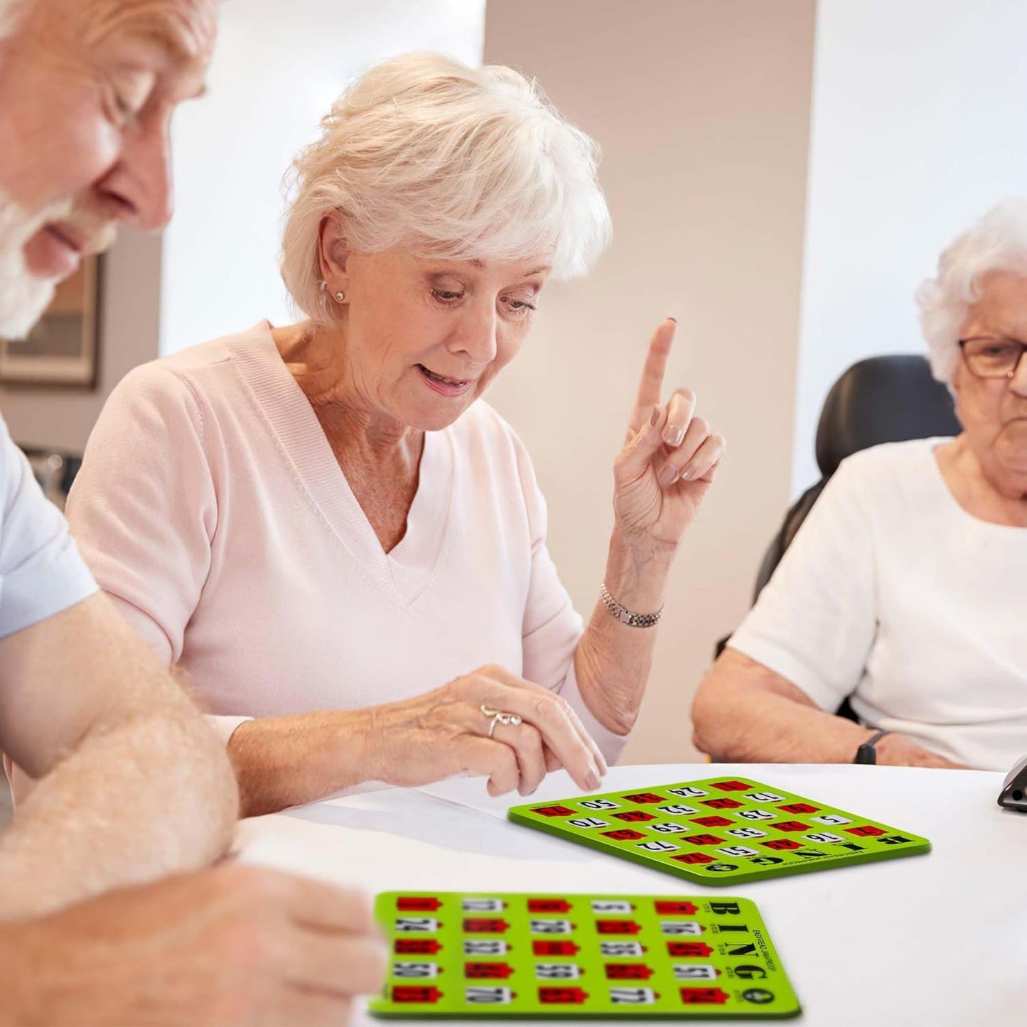 MR CHIPS Jam-Proof Easy-Read Large Print Fingertip Bingo Cards with Sliding Windows - Green 10 Pack - for Seniors, Nursing Homes & Large Groups