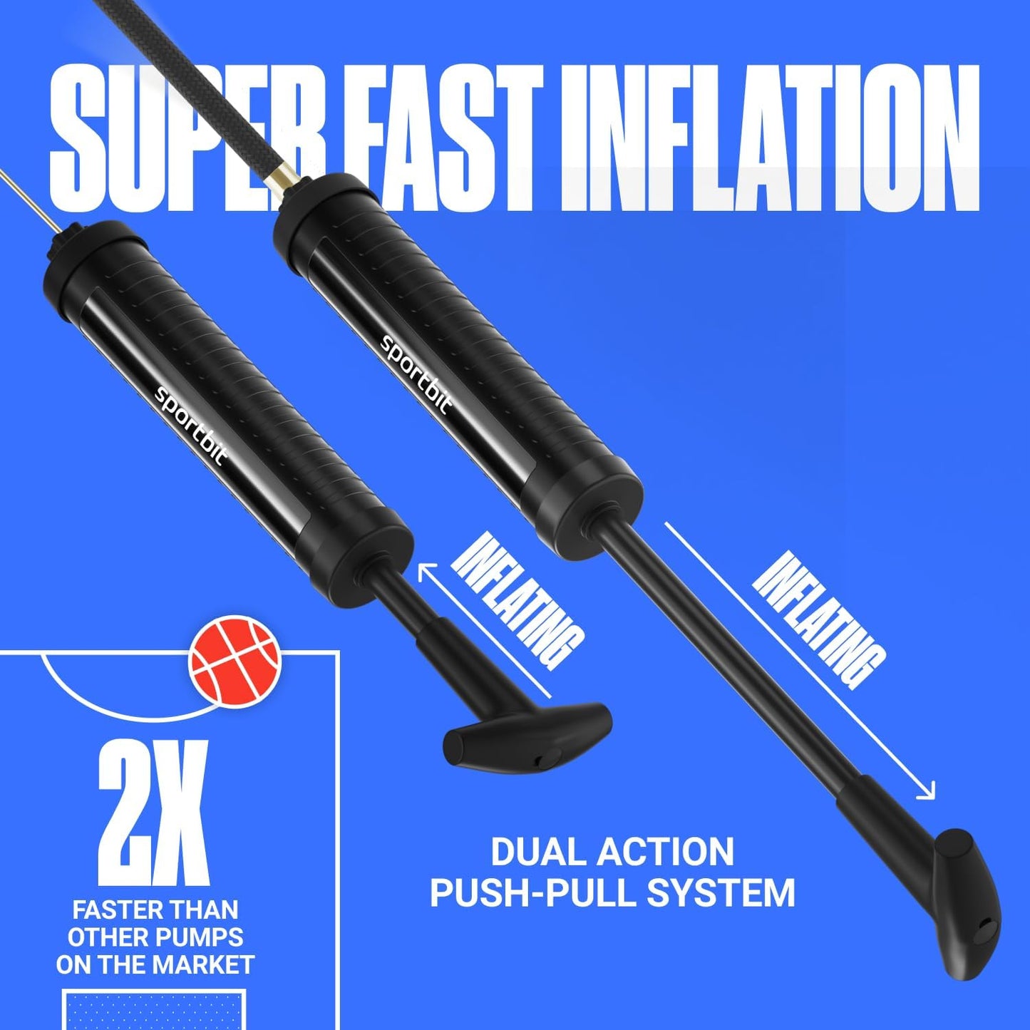 SPORTBIT Ball Pump for Sports Balls - Push & Pull Inflating System - Hand Pump for All Exercise Balls - Volleyball Pump, Basketball Inflator, Football & Soccer Ball Air Pump