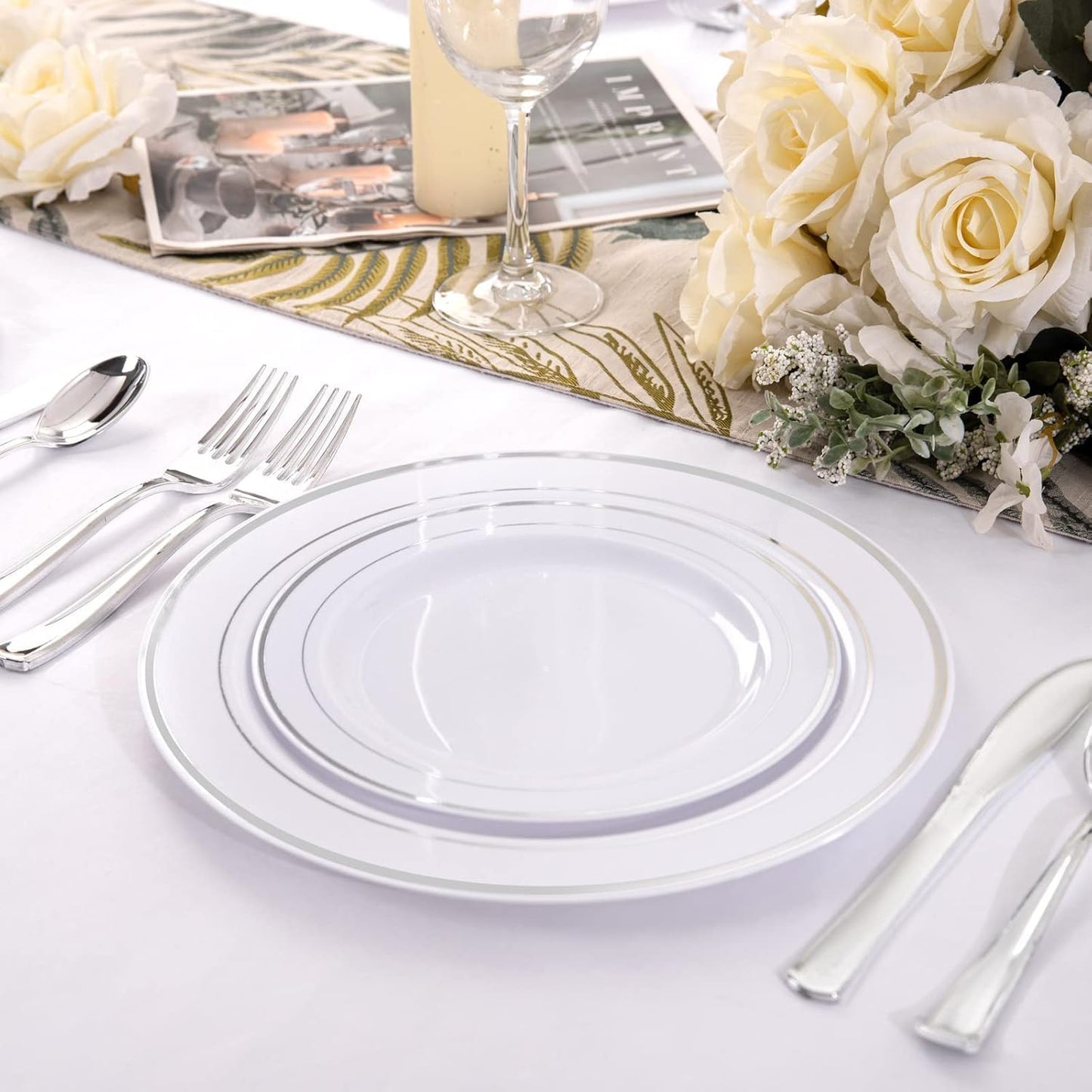 I00000 102 Pieces Gold Plastic Plates, Disposable Party Plates White Gold Rim, 51 Disposable Gold Dinner Plates 10.25 Inch and 51 Disposable Dessert Appetizer Elegant Fancy Wedding Plates 7.5 Inch