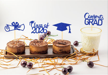 2026 Graduation Theme Cupcake Toppers Glitter Class of 2026 Graduation Cap Diploma Cupcake Picks - Set of 24 (Gold)