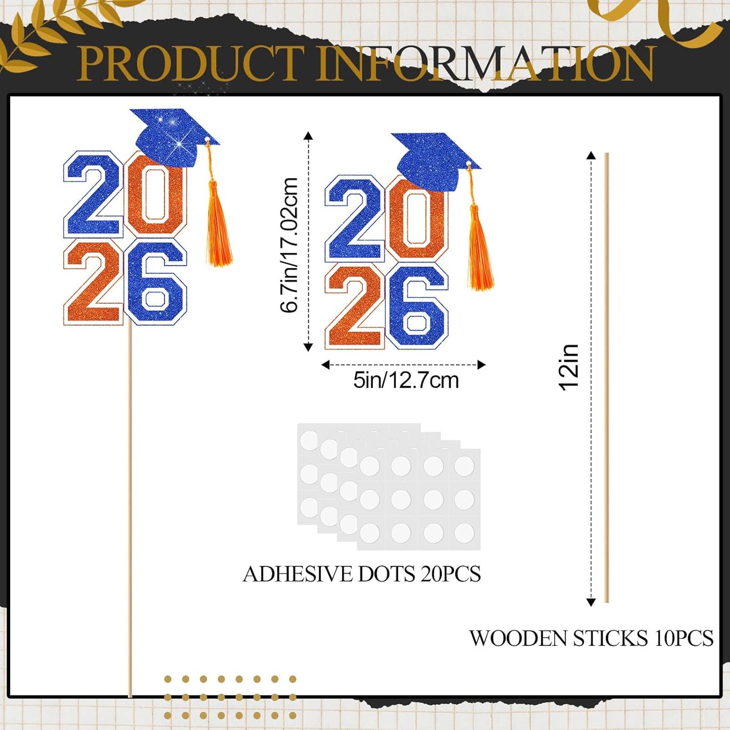 10 Pcs Graduation Table Centerpieces Sticks with Tassels, class of 2026 Grad Cap Picks Table Decoration Cupcake Toppers for Party Centerpiece Decoration Supplies(Blue and Gold)