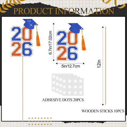 10 Pcs Graduation Table Centerpieces Sticks with Tassels, class of 2026 Grad Cap Picks Table Decoration Cupcake Toppers for Party Centerpiece Decoration Supplies(Blue and Gold)