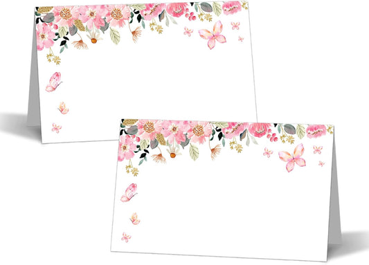 Butterfly Table Place Cards - 25PCS Tent Cards - Blush Pink Floral Butterfly Themed Food Lables - Name Place Cards for Table Setting - Name Cards for Birthday Party Baby Shower - Scored for Easy