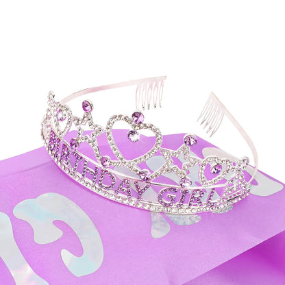 CIEHER Birthday Girl Crown and Sash Set for Birthday Decorations Gifts for Women Girls - Silver AB Rhinestones