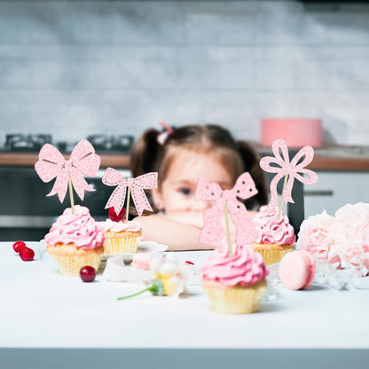 Ephlyn 24Pcs Pink Bow Cupcake Toppers Bow Birthday Cake Topper Girls Birthday Party Decorations Bowknot Cupcake Decorations for Bridal Wedding Themed Party Multi