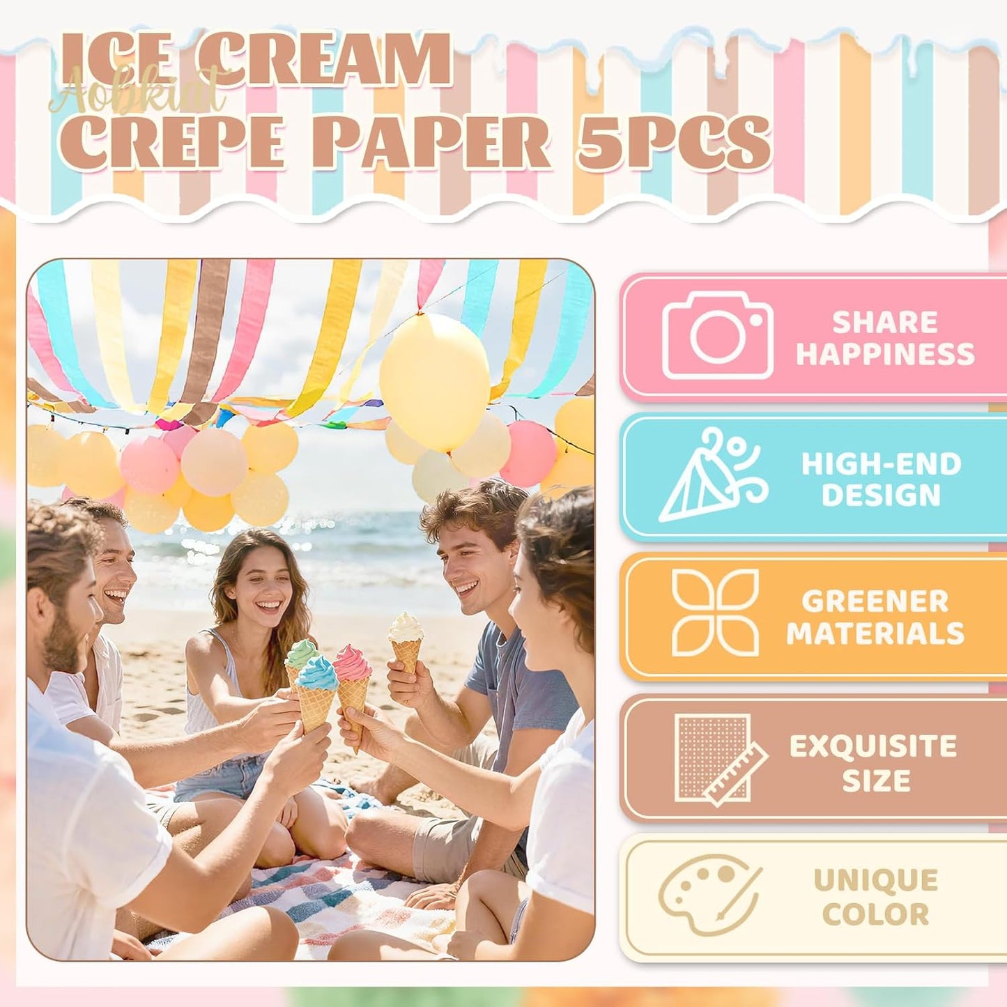 AOBKIAT Colorful Streamers Party Decorations,5 Rolls Vintage Rainbow Crepe Paper Streamers for Birthday,Candyland Theme Baby Shower,Fiesta,Wedding,Christmas,DIY Craft Crepe Paper,1.8 Inch x 82 Ft/Roll