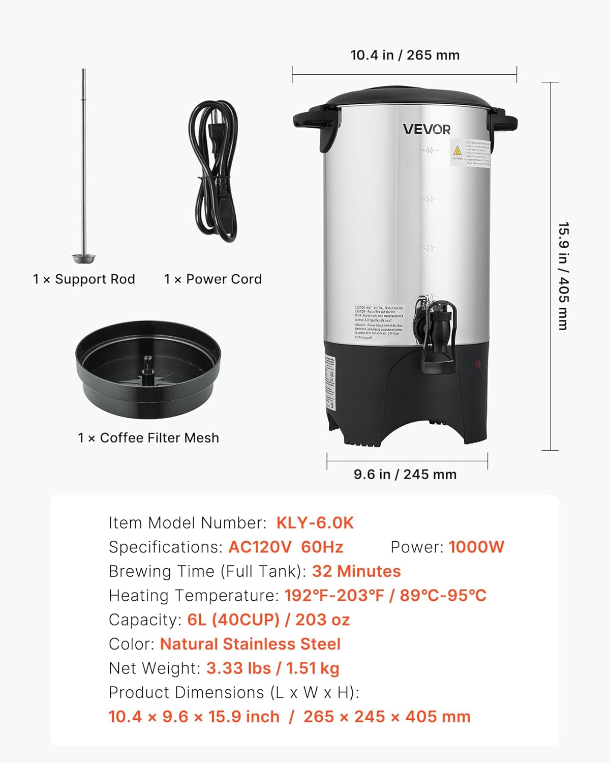 VEVOR Commercial Coffee Urn, 60 Cup 9 L Hot Beverage Dispenser with Dripless Faucet, Quick-Brewing Stainless Steel Large Commercial Coffee Maker, for Catering, Business, Party, Church & Restaurant