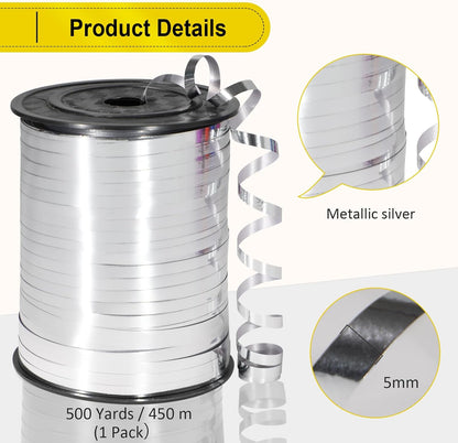 Silver Ribbon, 500 Yard Premium Silver Curling Ribbon, Metallic Shiny Curling Ribbon for Gift Wrapping, Balloon Ribbon, Balloon String, Curly Ribbon, 3/16" Ribbon for Birthday, Christmas
