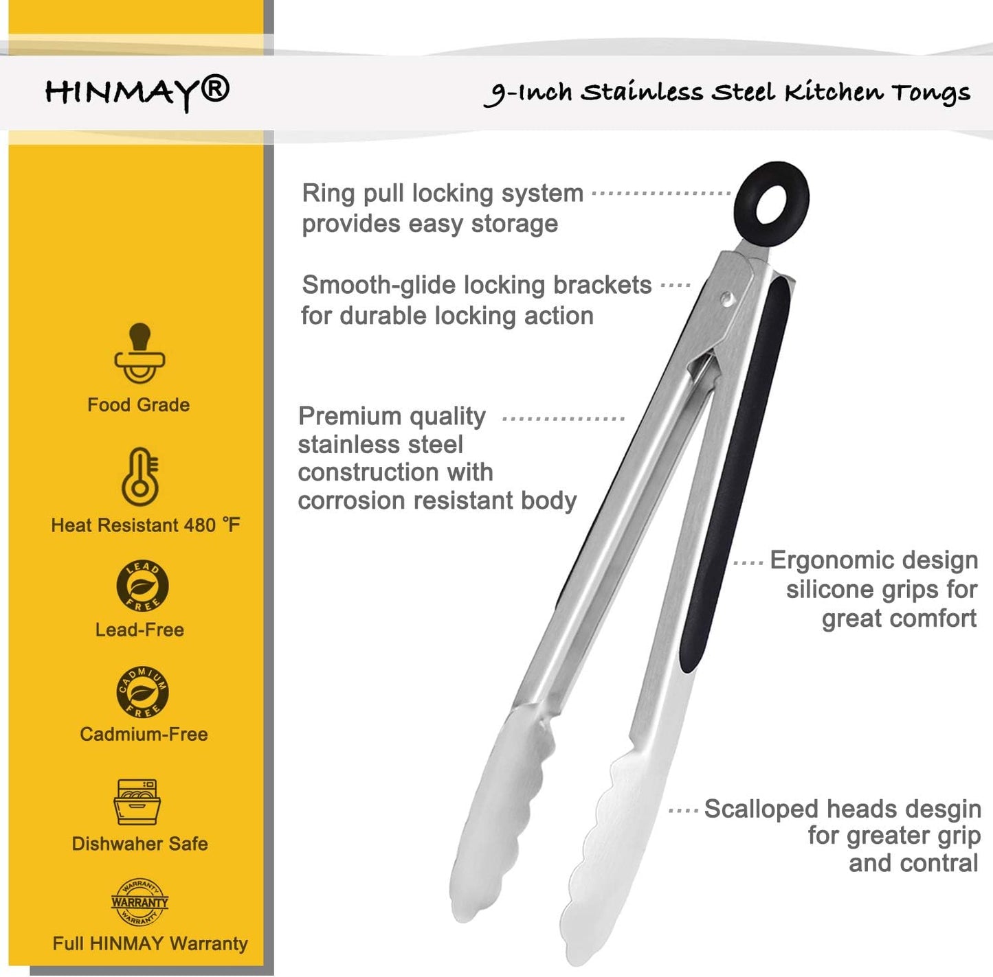 HINMAY Serving Tongs 9-Inch Cooking Tongs with Silicone Tips, Set of 3 (Black)