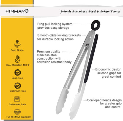 HINMAY Serving Tongs 9-Inch Cooking Tongs with Silicone Tips, Set of 3 (Black)