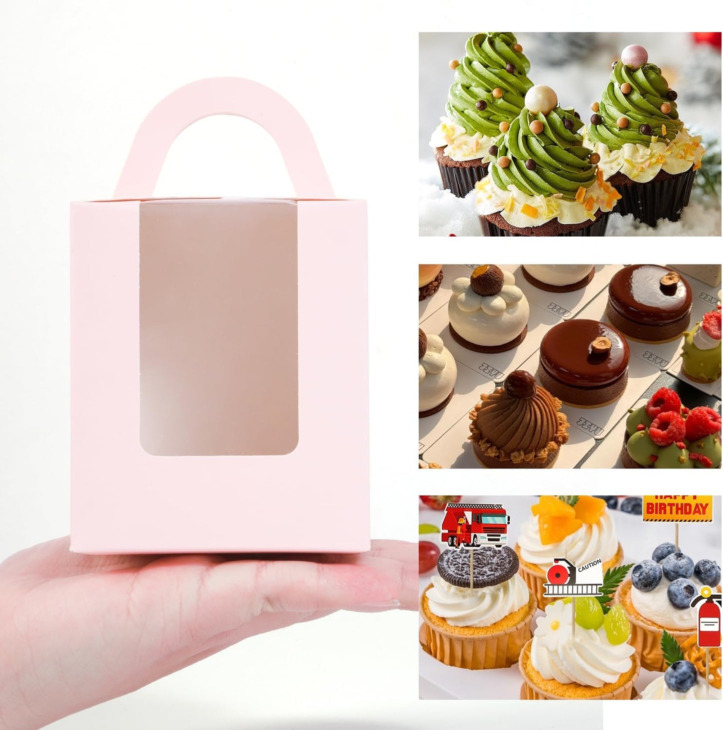 JCD Cupcake Boxes Carriers, 120pcs Pink Single Individual Cupcakes Box Holders Containers,3.7 * 3.7 * 4.3inch Cupcake Container Pastry with Insert and window(Pink, 120pcs)