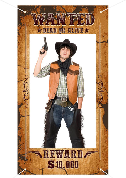 Large Western Wanted Poster Western Cowboy Party Decoration Wanted Photo Booth Frame Wild West Selfie Banner Backdrop for West Cowboy Birthday Party Retro Rustic Decoration Supplies (Brown)