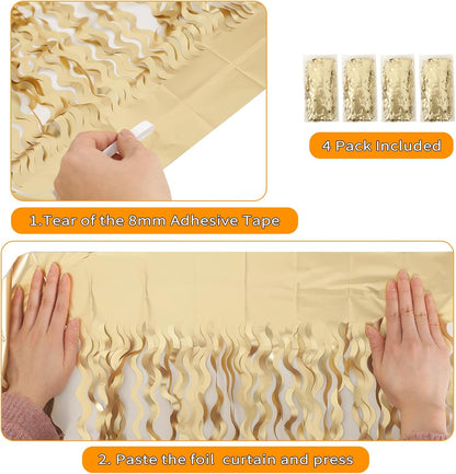 4 Pack Wavy Champagne Gold Metallic Tinsel Foil Fringe Curtains Backdrop - 3.3X6.6ft Foil Fringe Backdrop for Parties | Door Streamers for Birthday | Photo Booth Backdrops Party Decor