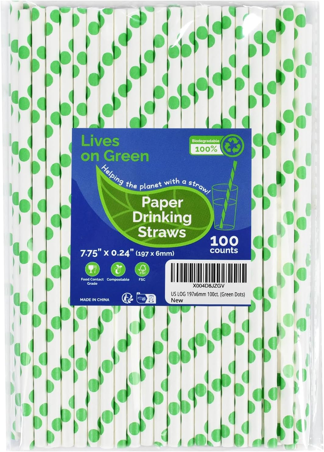 Disposable Paper Straws Solid Green - 7.75'' x 0.24'', 100 Counts - for Drinking, Beverage, Juice, Soda, Bar Supplies