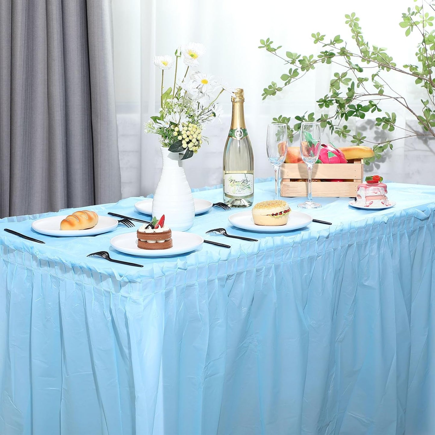 Oudain 6 Pcs Plastic Table Skirts and Stainproof Table Cloths 54 x 108 in Plastic Ruffle Tablecloth 168 x 29 Inches Disposable for Wedding Baby Shower Valentine Spring Easter Party(White)