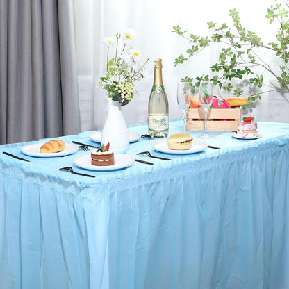 Oudain 6 Pcs Plastic Table Skirts and Stainproof Table Cloths 54 x 108 in Plastic Ruffle Tablecloth 168 x 29 Inches Disposable for Wedding Baby Shower Valentine Spring Easter Party(White)