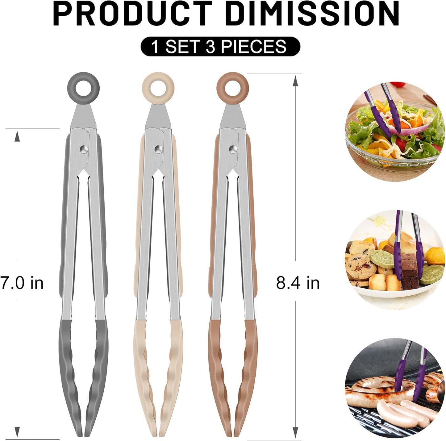 Hotec Mini Silicone Kitchen Tongs for Cooking - 7-Inch Small Serving Tongs with Silicone Tips, Set of 3 (Blue)