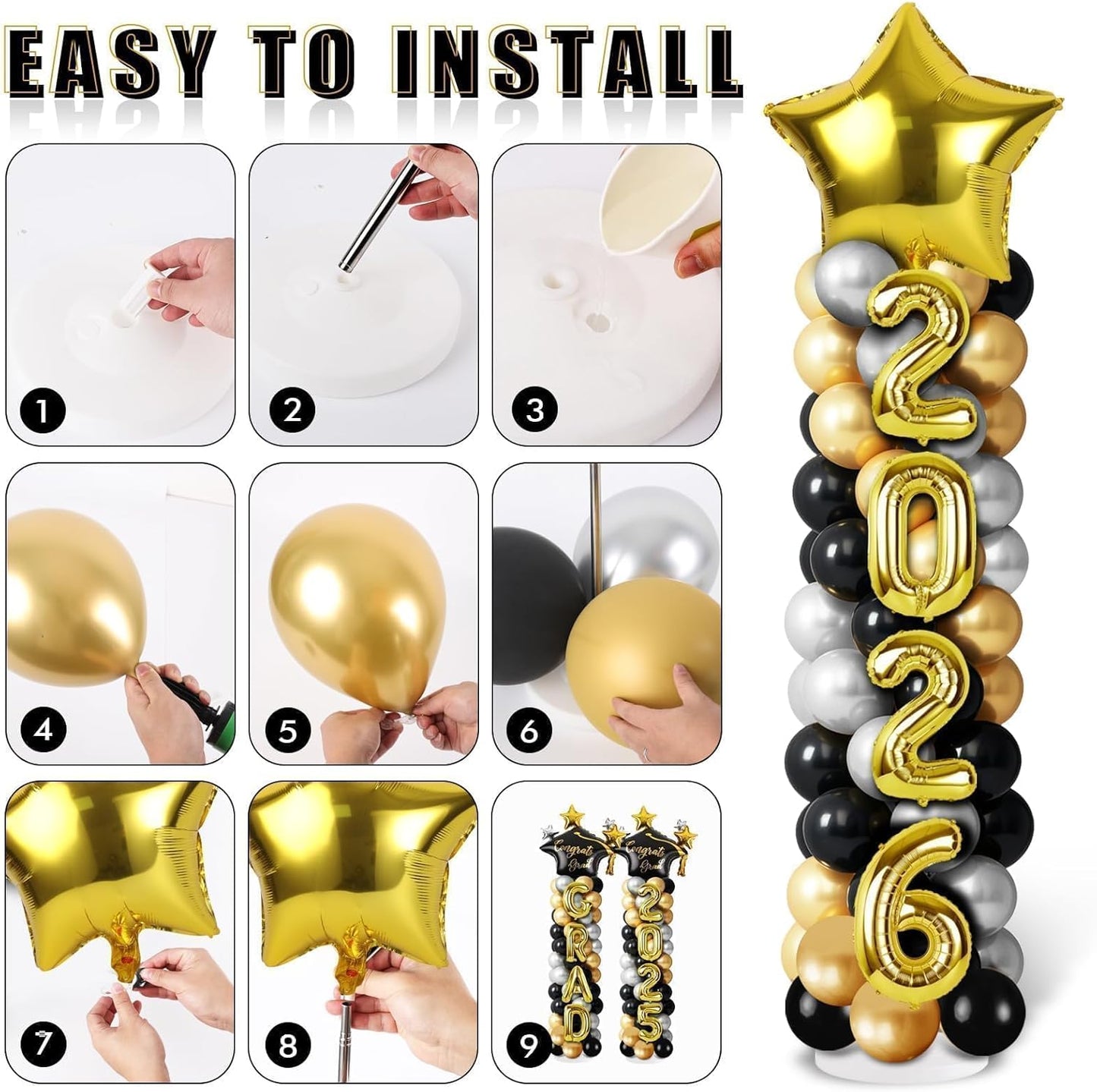 2 Sets Graduation Balloon Column Stand Kits with Balloons 2026 Grad Themed Decoration Navy Blue Balloon Tower Stand Kit for Grad High School & College Celebration Party Decor