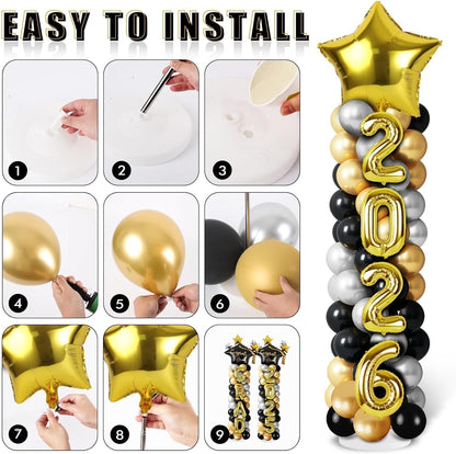 2 Sets Graduation Balloon Column Stand Kits with Balloons 2026 Grad Themed Decoration Navy Blue Balloon Tower Stand Kit for Grad High School & College Celebration Party Decor