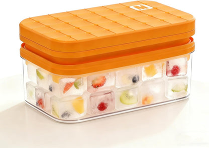 Compact Ice Cube Tray with Lid and Bin, Mini Press-Type Ice Cube Maker for Freezer, Space-Saving Small Ice Bucket with Tongs for RV, Office, Mini Ice Cube Trays & Water Bottles, BPA-Free (Green)